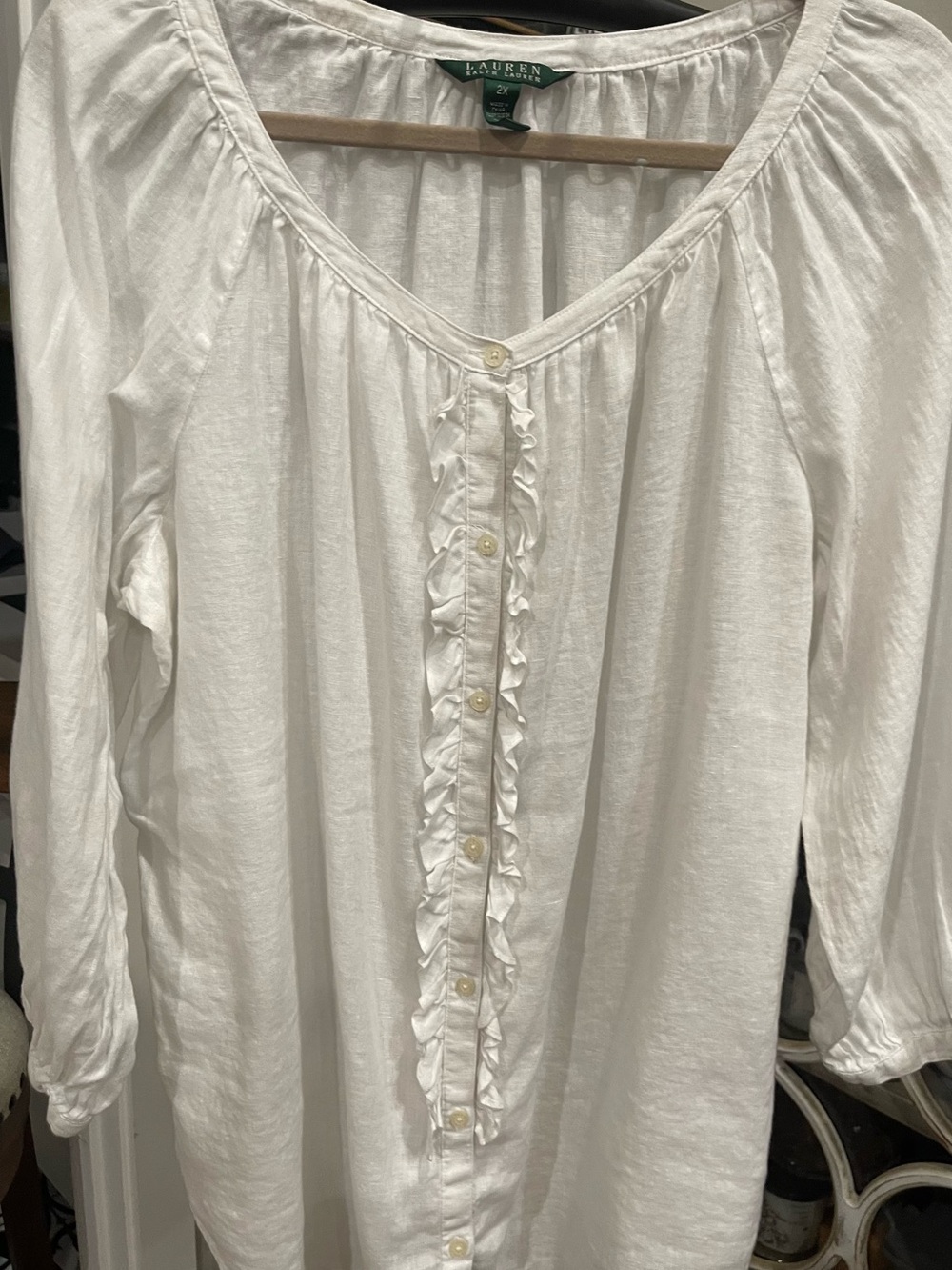 Ralph Lauren White Ruffle-Front Button Down Blouse
